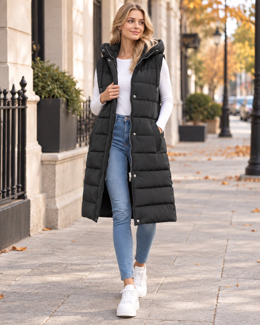 Hadley Longline Hooded Puffer Gilet for women by May-London